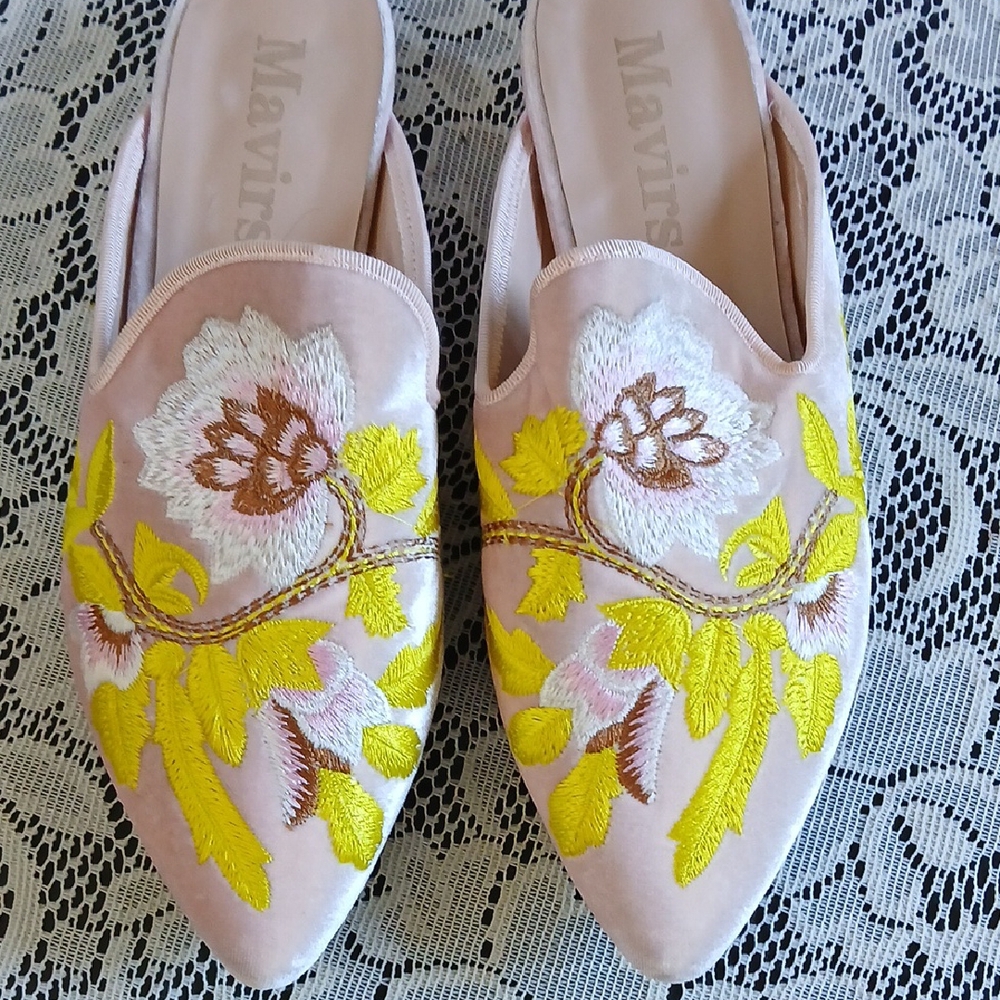Mavi Pink and Yellow Velvet Embroidered Mules
